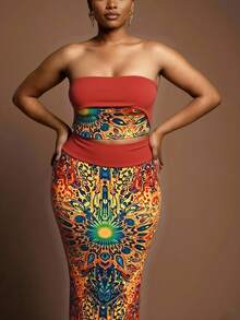 Slaydiva Plus Size 2 Pieces Set Red Sequin,Summer,Boho,Party Bohemian Colorblock Print Women's Music Festival,Western,Nashville Style,Vacation,Beach Outfit - Multicolor - View 9