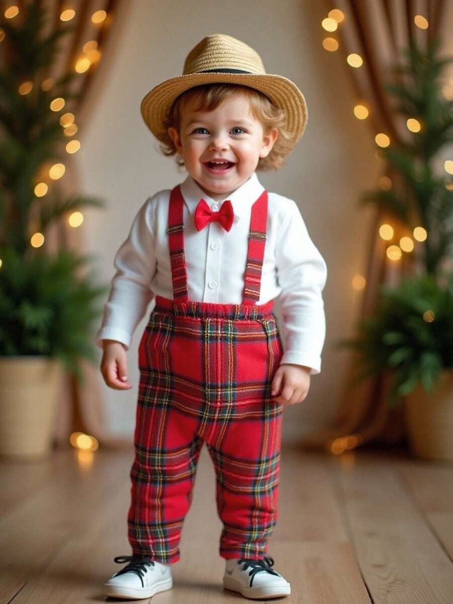SHEIN Playful Pals 2pcs/Set Baby Boys' Christmas White Collar Bowknot Long Sleeve Shirt & Red Plaid Suspender Harem Pants Outfit - Red - View 1