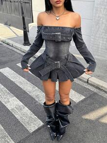 Jeanoix Y2K 女式性感露肩修腰长袖牛仔连衣裙 - 黑色 - 查看 1