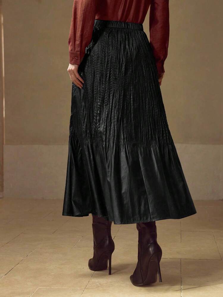VINTAGE ELASTIC WAIST FLATTERING PU LEATHER SKIRT, VERSATILE