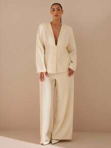 SHEIN BAE 大码纯色深V领长袖上衣和裤子套装 - 黃色 - 查看 8