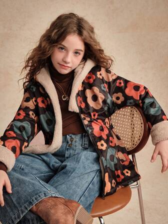 Chaqueta con capucha de niña con estampado floral colorido y forro marrón, diseño casual y multifuncional lindo, adecuado para usar en otoño/invierno, cálido y cómodo