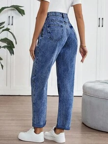 SHEIN 孕妇高腰时尚休闲宽松喇叭裤翻边牛仔裤，蓝色 - 深色水洗藍 - 查看 2