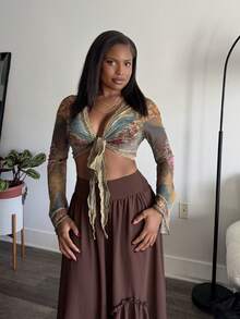 Tyla Gomez Y2K Grunge Hippie Floral Print Tie Front Mesh Top - Multicolor - View 1