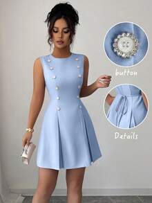 Elenzga Váy ngắn công chúa thắt eo đính đá, kiểu Pháp thanh lịch cổ điển sang trọng, cài nút eo, dự tiệc cao cấp, đi làm, hẹn hò, đi chơi, đa năng - Màu xanh nhạt - Xem 7