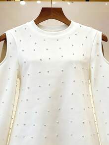 Franclia 女士时尚新款白色羽毛和珍珠装饰圆领泡泡袖宽松中长款运动衫，适合日常穿着、婚礼、联欢晚会、通勤、毕业派对、节日、约会、聚会 - 白色 - 查看 4