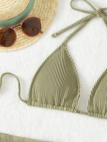 Bonvoyette 3pcs Set: Solid Color Halter Tie Bikini Swimsuit With Matching Skirt - Olive Green - View 6