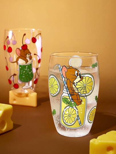 TOM & JERRY X SHEIN 1Pc 22oz/650ml Cute Cartoon Pattern Printed Borosilicate Glass, Cold And Heat Resistant, Suitable For Milk, Juice, Coffee, Sparkling Water, Etc., Lemon, Cherry, Jerry