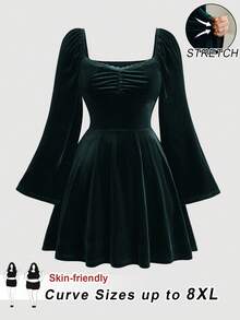 SHEIN CURVE+ 大码女式深绿色复古方领蕾丝胸前褶皱喇叭袖天鹅绒连衣裙 - 墨綠色 - 查看 8