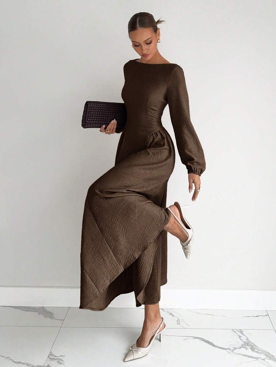 女式优雅纹理灯笼袖长裙，秋季 - 棕色 - 查看 1
