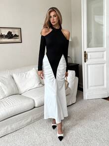 Elenzga Rochie lungă elegantă, alb-negru, în culori contrastante, decolteu înalt, umeri goi, mânecă lungă, talie strâmtă, mulată, design deconstruit, extrem de populară printre influenceri și persoane din înalta societate, potrivită pentru petreceri de toamnă/iarnă, întâlniri, Halloween, banchete - Alb-negru - Vizualizare 3