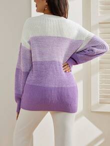 SHEIN 孕妇圆领落肩长袖休闲罗纹针织套头毛衣 - 紫色 - 查看 2