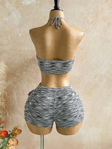 Soleia 2pcs Handmade 3D Floral Halter Backless Tank Top And Super Short Shorts Set, Sexy For Vacation Grey Two Piece Set Knit Two Piece Set Ribbed Two Piece Set Knit Halter Top And Shorts Set Setup Autumn Winter Women Christmas Sweater - Grey - View 2