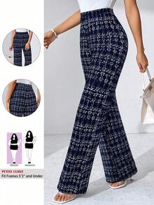 SHEIN PETITE CURVE Quần dệt kim co giãn họa tiết kẻ caro thanh lịch cỡ lớn dành cho nữ, phù hợp với nhiều dịp khác nhau - Màu xanh hải quân - Xem 1