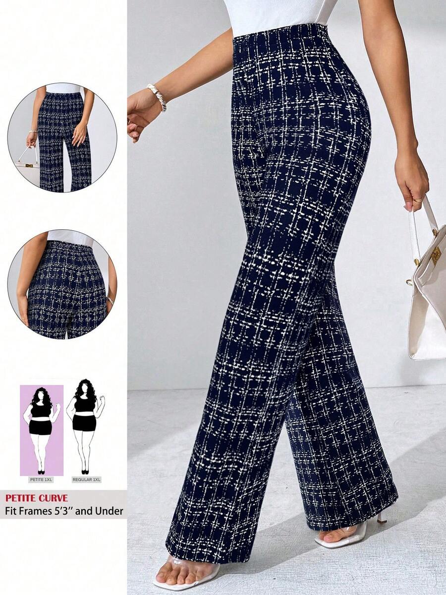 SHEIN PETITE CURVE Quần dệt kim co giãn họa tiết kẻ caro thanh lịch cỡ lớn dành cho nữ, phù hợp với nhiều dịp khác nhau - Màu xanh hải quân - Xem 1