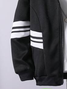 SHEIN Vacaura 2 件青少年男童厚日式运动衫夹克和裤子套装，灰色，柔软舒适的面料，经典灰色搭配黑白条纹，简约时尚的设计，适合秋冬季、户外、运动、学校和各种场合 - 黑色 - 查看 6