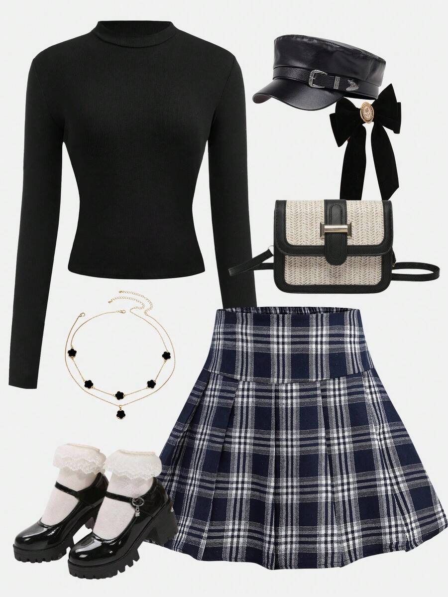 SHEIN Girlism 少女秋季校园风格校园服装,黑色立领针织毛衣长袖 T 恤和蓝白格子百褶裙两件套 - 藍色 - 查看 1