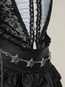 SHEIN ICON Y2K 女式哥特黑银撞色性感蕾丝系带抹胸上衣 - 黑色 - 查看 5