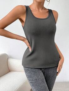 SHEIN LUNE Women's Casual Ribbed Knit Thermal Lined Slim Fit Tank Top, Versatile Solid Color For Daily Commute, Autumn/Winter - Dark Grey - View 5