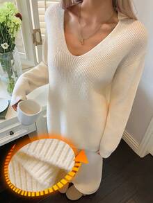 DAZY 女式针织 V 领宽松上衣和喇叭裤休闲家居服套装，冬季 - 白色 - 查看 3