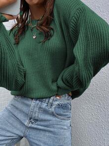 SHEIN LUNE Suéter de cuello redondo de unicolor, versátil y de manga larga - Verde - Ver 6