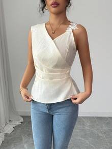 SHEIN Elenzya Women's Elegant Lace Patchwork Waist Sculpting Sleeveless Top, Summer - Apricot - View 7