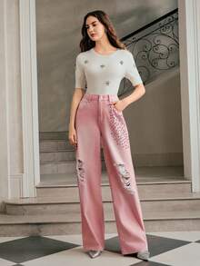 Anewsta Quần ống đứng màu hồng đính kim cương lấp lánh thanh lịch dành cho nữ, phù hợp cho mùa xuân, mùa hè, mùa thu, lễ hội, ngày lễ, kỳ nghỉ, trang phục công sở thường ngày, sang trọng, thanh lịch - Hồng - Xem 2