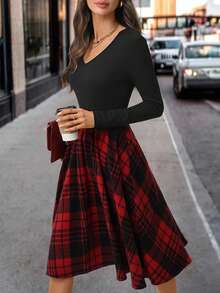 Editum 女士优雅红黑格子印花A字裙，秋冬装 - 彩色 - 查看 5