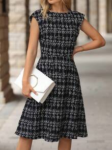 Editum 女士优雅黑色针织腰部修身喇叭迷你连衣裙 - 黑與白 - 查看 5