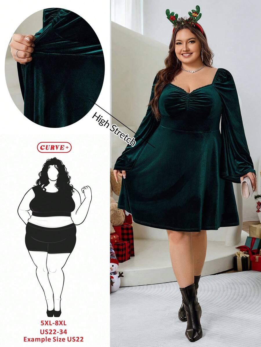SHEIN CURVE+ 大码女式深绿色复古方领蕾丝胸前褶皱喇叭袖天鹅绒连衣裙 - 墨綠色 - 查看 1
