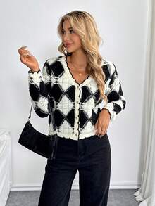 SHEIN PETITE Áo len cardigan họa tiết kim cương phong cách Pháp tối giản dành cho nữ - Đen và trắng - Xem 5