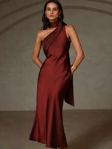 EMERY ROSE Elegant Commute & Vacation Asymmetric Satin Dress - Rust Brown - View 3