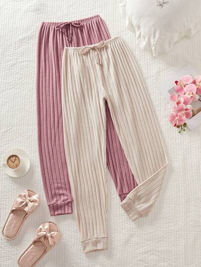 SHEIN Doze Lane 2pcs Women Knitted Ribbed Fleece Casual Lounge Pants Set, Suitable For All Seasons