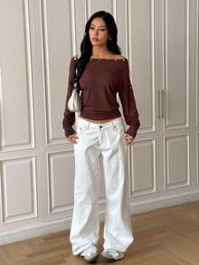 SHEIN EZwear Women's Autumn/Winter Oblique Shoulder Button Loose Waist T-Shirt - Brown - View 5