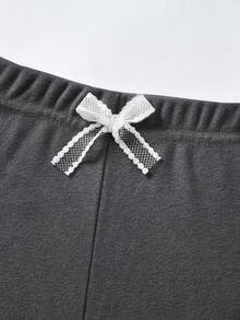 JNSQ 2 件套年轻女孩圆领修身蝴蝶结装饰 T 恤上衣搭配修身蕾丝花边喇叭长裙，适合秋冬日常穿着、户外活动、度假、街头风格、派对和休闲 - 深灰色 - 查看 8