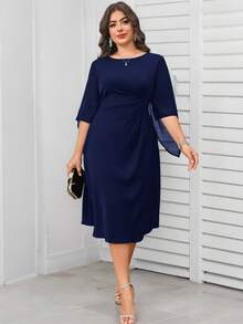 Reflora Váy hè thanh lịch cổ tròn tay lửng cỡ lớn, thắt eo - Màu xanh hải quân - Xem 1