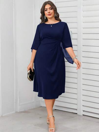 Reflora Vestido de verano elegante de talla grande con cuello redondo, mangas medianas y cintura ceñida