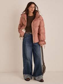 Easelle Retro Casual Loose Tie-Up Plaid Padded Padded Coat For Women Earthy Clothes Women Women Fall Clothes Women Western Clothing Cowgirl Outfits For Women Gingham Puffer Jacket - Multicolor - View 3