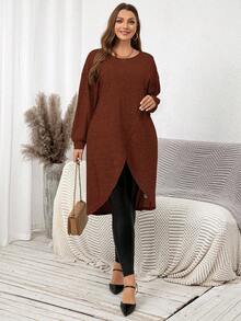 SHEIN Clasi 大码女式休闲纯色圆领长款衬衫 - 摩卡棕 - 查看 4