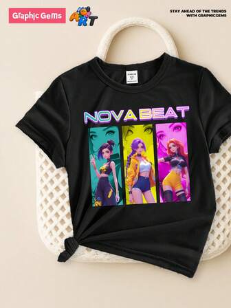 GraphicGems Kleine Mädchen gemütlicher Herbst- und Winterstil, lässige Mode, kreative personalisierte frische virtuelle Mädchengruppen-Charaktergrafik, Slogan-Muster, Basic Kurzarm T-Shirt, bequemes Modeshirt, animiertes T-Shirt, Neon-Shirt T-Shirt