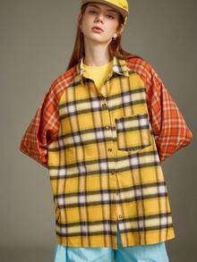 Elnivra Camisa de mujer de manga larga a cuadros tejida con bolsillos, estilo deportivo casual retro americano, versátil para volver a la escuela, otoño - Amarillo - Ver 6