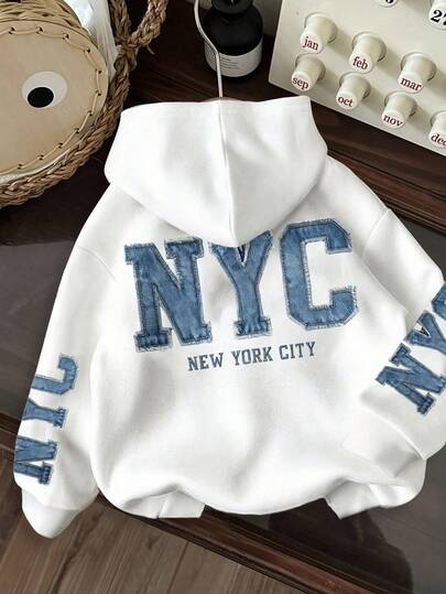 INAWLY Women's Casual Daily Commute Fashion American Letter Denim Effectim Print Dropped Shoulder Loose Hoodie Sweatshirt, Autumn/Winter