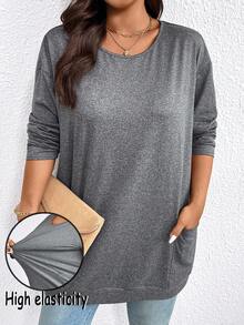 EMERY ROSE Plus Size Casual Solid Color Double Pocket T-Shirt, Versatile For Autumn - Dark Grey - View 1