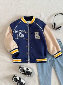 PrepCrw 男童复古字母图案前拉链棒球夹克，学院风 - 藍白色 - 查看 4