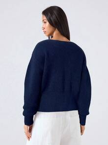 LYSMO 2025 Neue einfache Herbst Damen unifarbene Cardigan, Drop-Shoulder Langarm Einzelknopf Lässig Strick Cardigan, Herbst und Winter kurzer Cardigan Navy Blau Cardigan Knopf Cardigan Knopf Pullover Kragen Cardigan