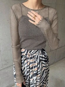 FRIFUL 女士时尚通勤亮面网纱透视长袖上衣 女士外出上衣 - 灰色 - 查看 4