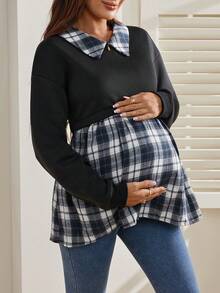 SHEIN Plaid Patchwork Loose Shirt Collar Ruffle Casual Everyday Maternity Sweatshirt