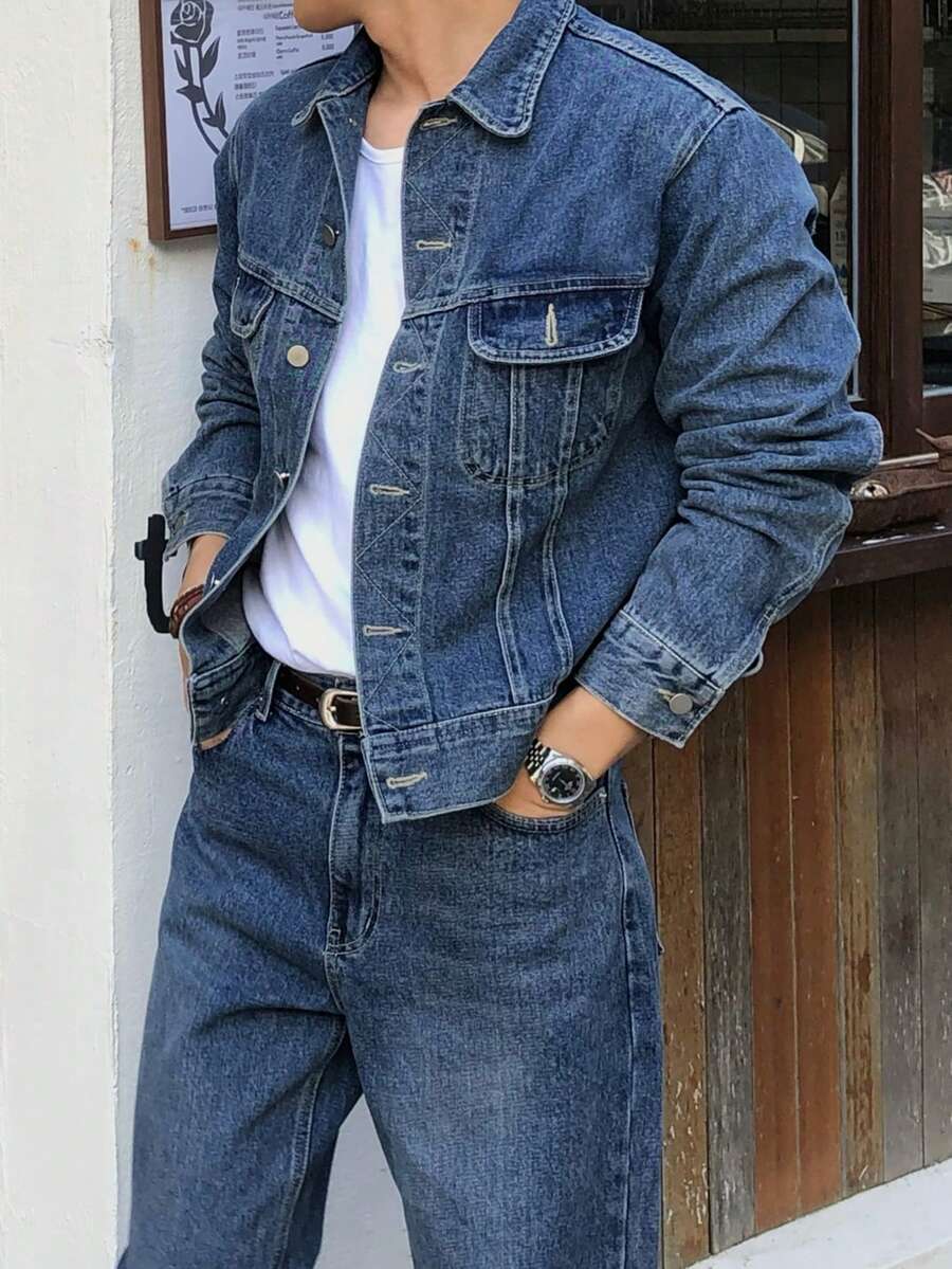 DAZY 男士纯蓝色水洗复古风格夹克套装，秋季