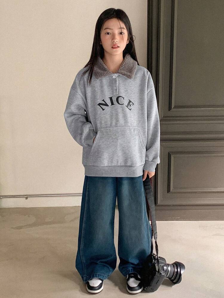 Tween Girls Thermal Lined Collared Letter Print Sweatshirt, Fall