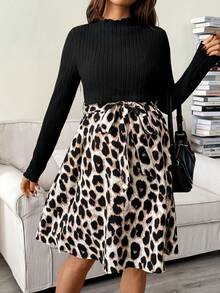 SHEIN 孕妇休闲豹纹拼布哺乳连衣裙，秋季 - 黑色 - 查看 5